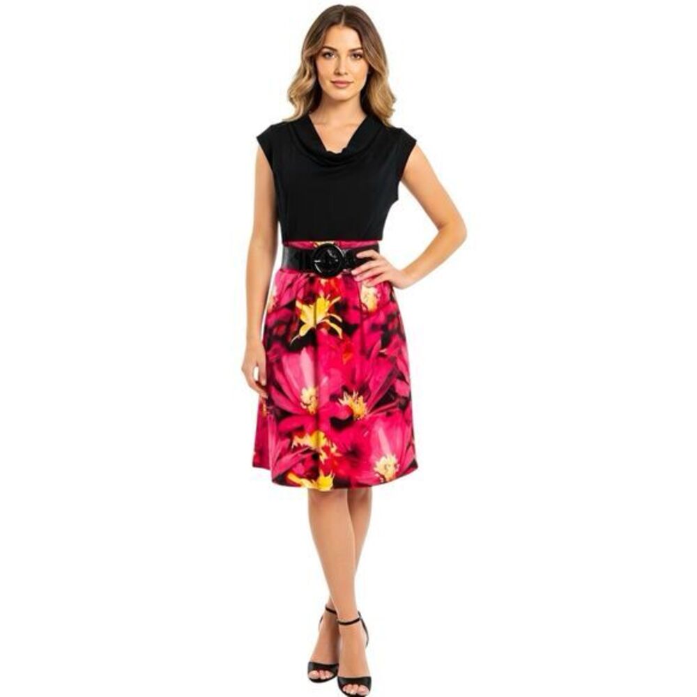 AGB Dress Sz 10 Black Knit Top Belted Colorful Cowl Neck Business Casual Office